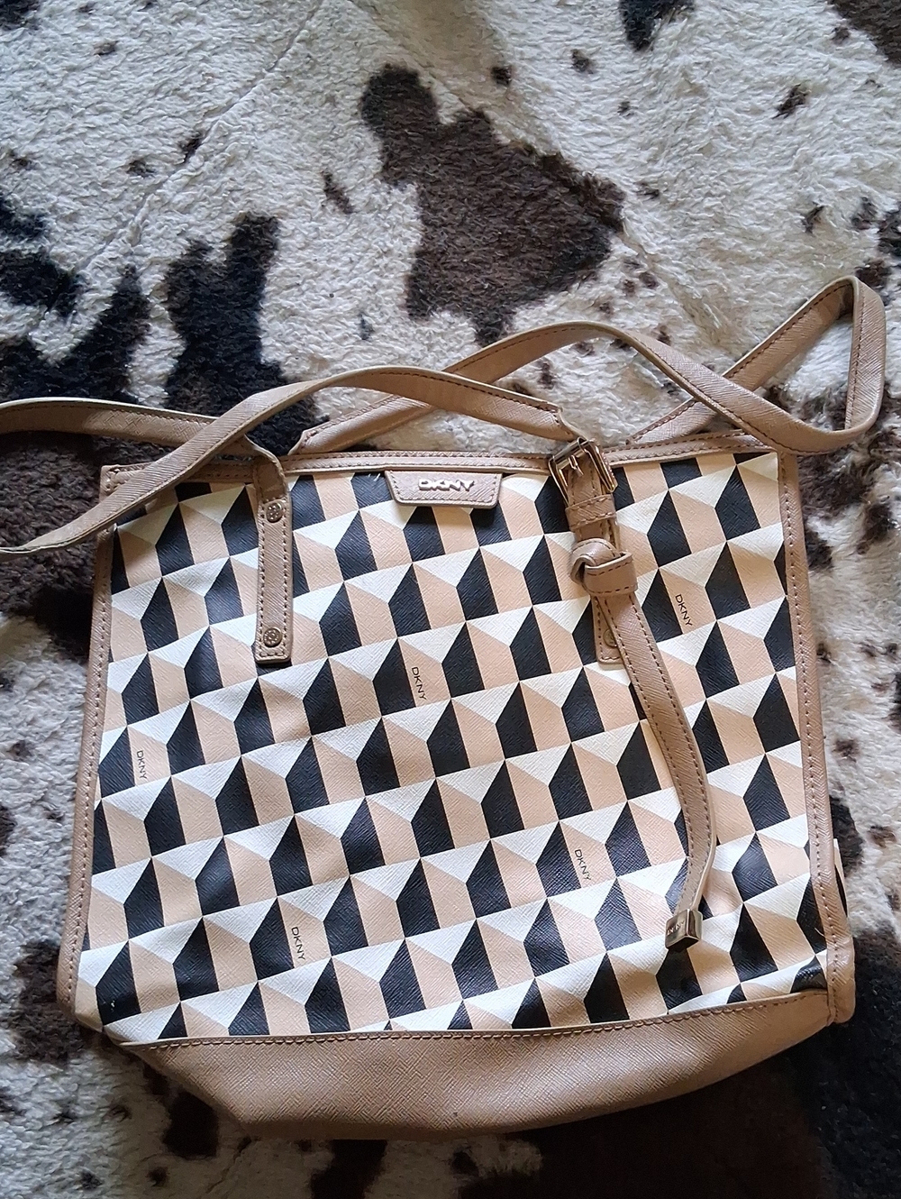 DKNY Beige and Black Geometric Tote Bag